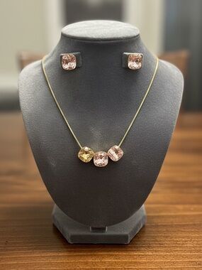Gold Necklace and Stud Earring Set with Pink and Champagne Stones